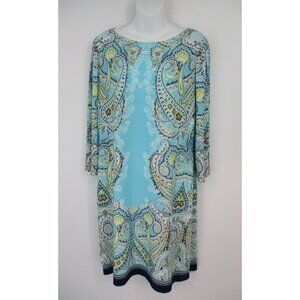 London Times Womans Size 14 Paisley Teal Multicolor Shift Dress 3/4 Sleeve
